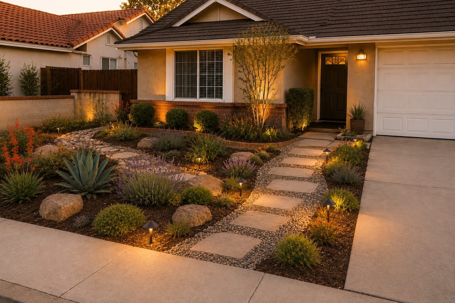 The same front yard after — a finished drought-tolerant landscape with a stone path and layered plantings at golden hour