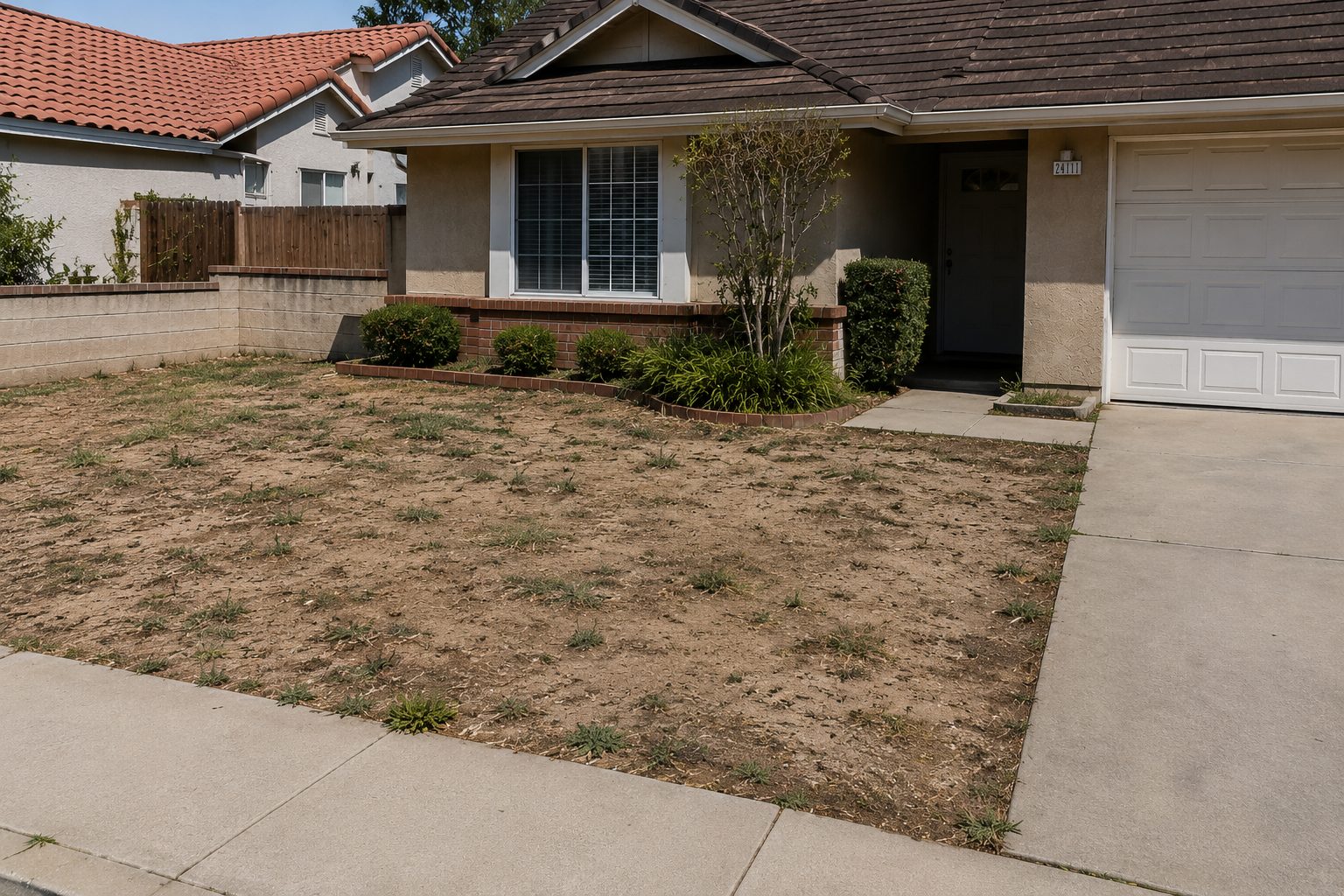 The front yard before — bare dirt and patchy weeds