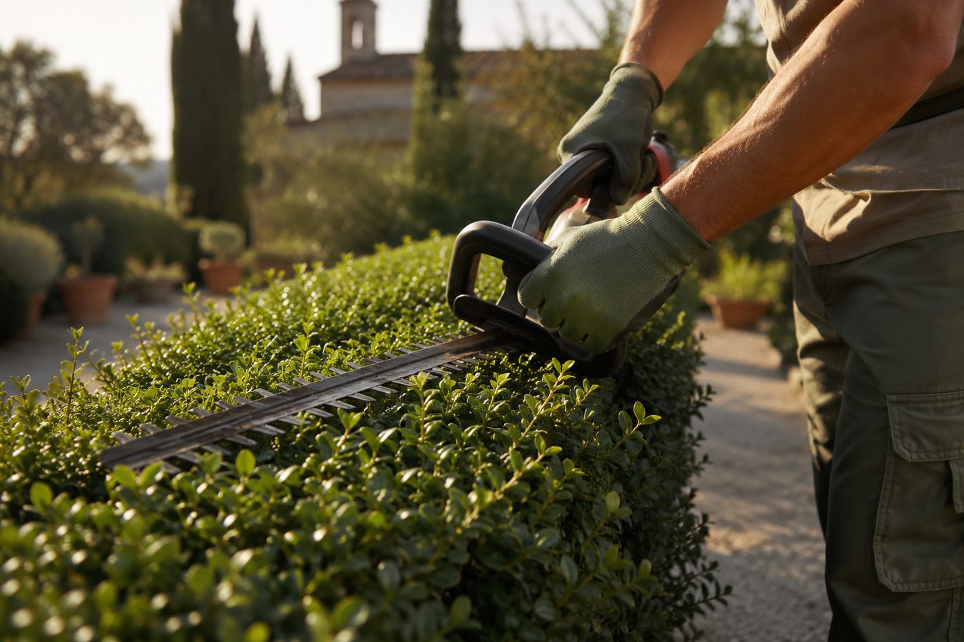 A landscaper trimming a tall garden hedge into shape in warm golden-hour light