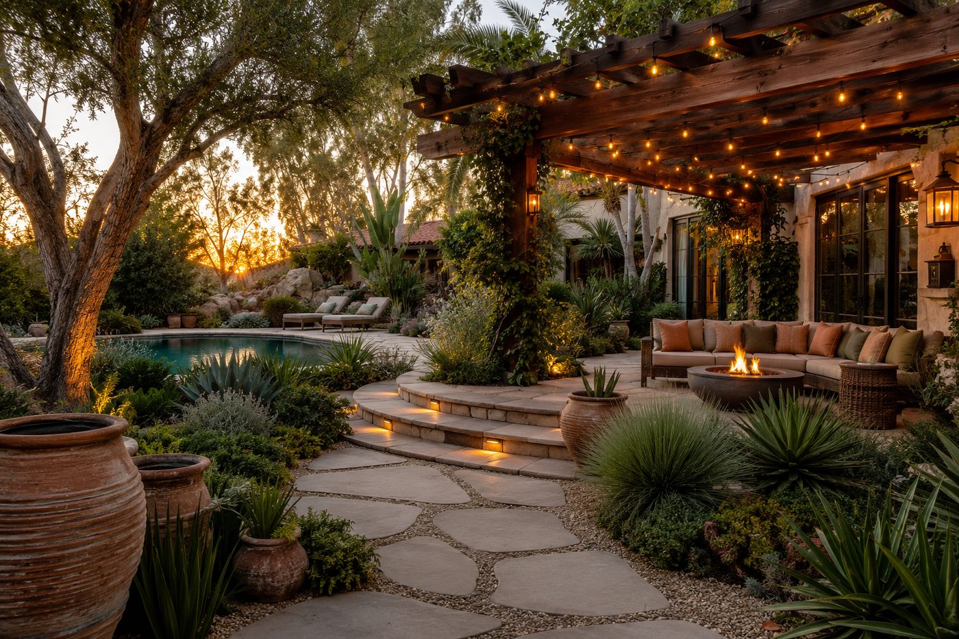 A serene backyard oasis with lush drought-tolerant plantings and a patio glowing at golden hour