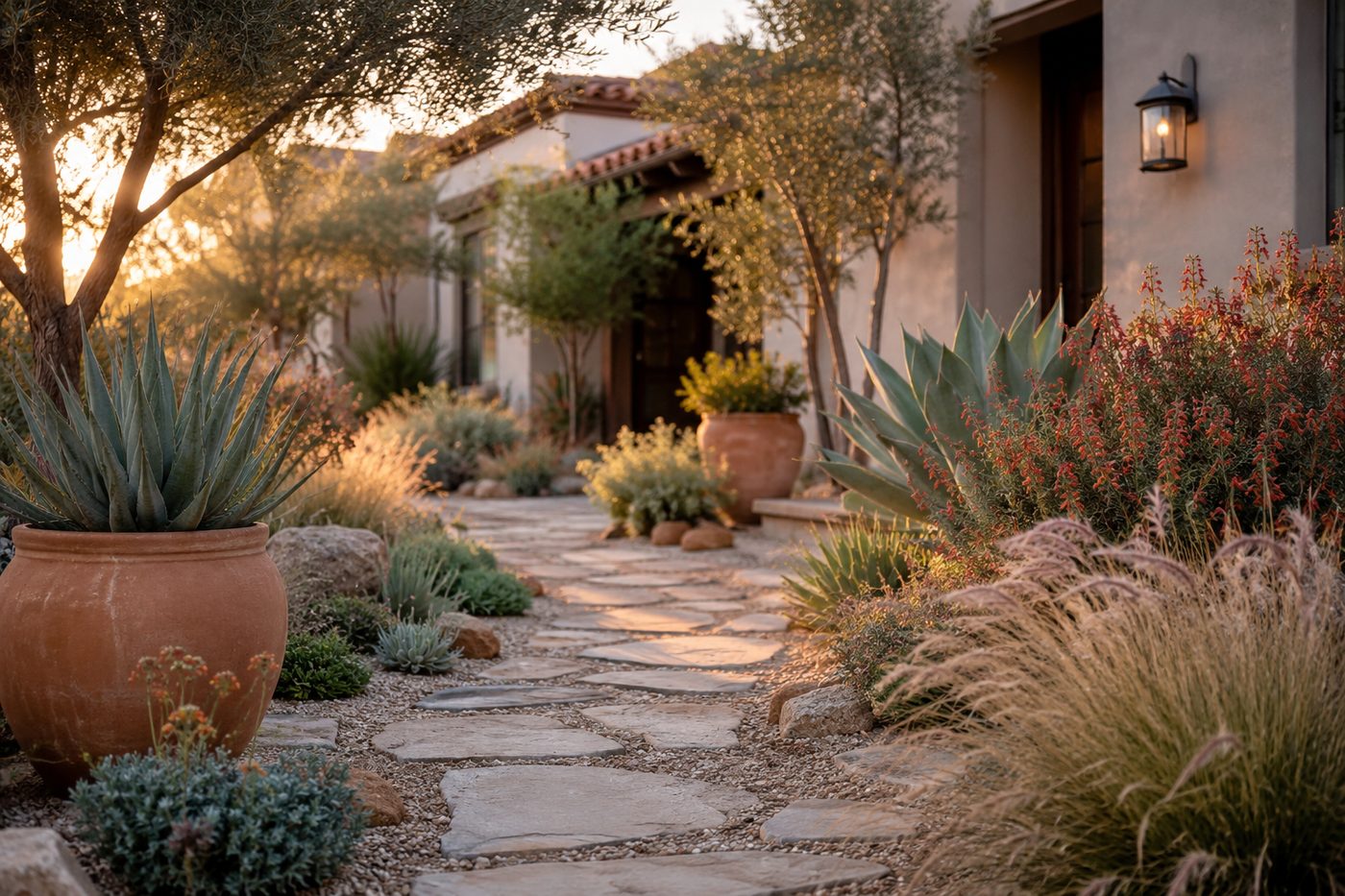 A Mediterranean-style home entrance framed by layered water-wise plants